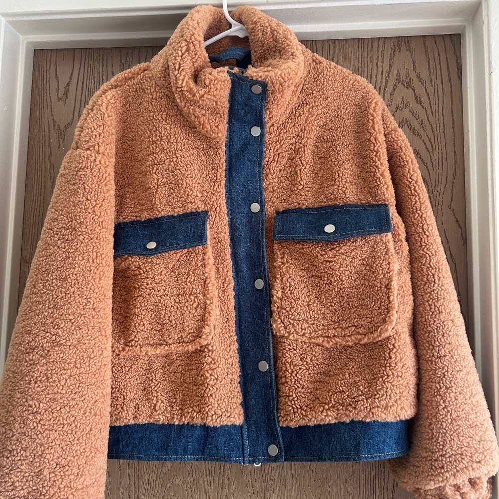 Stylish Tan and Blue Shearling Bomber Jacket
